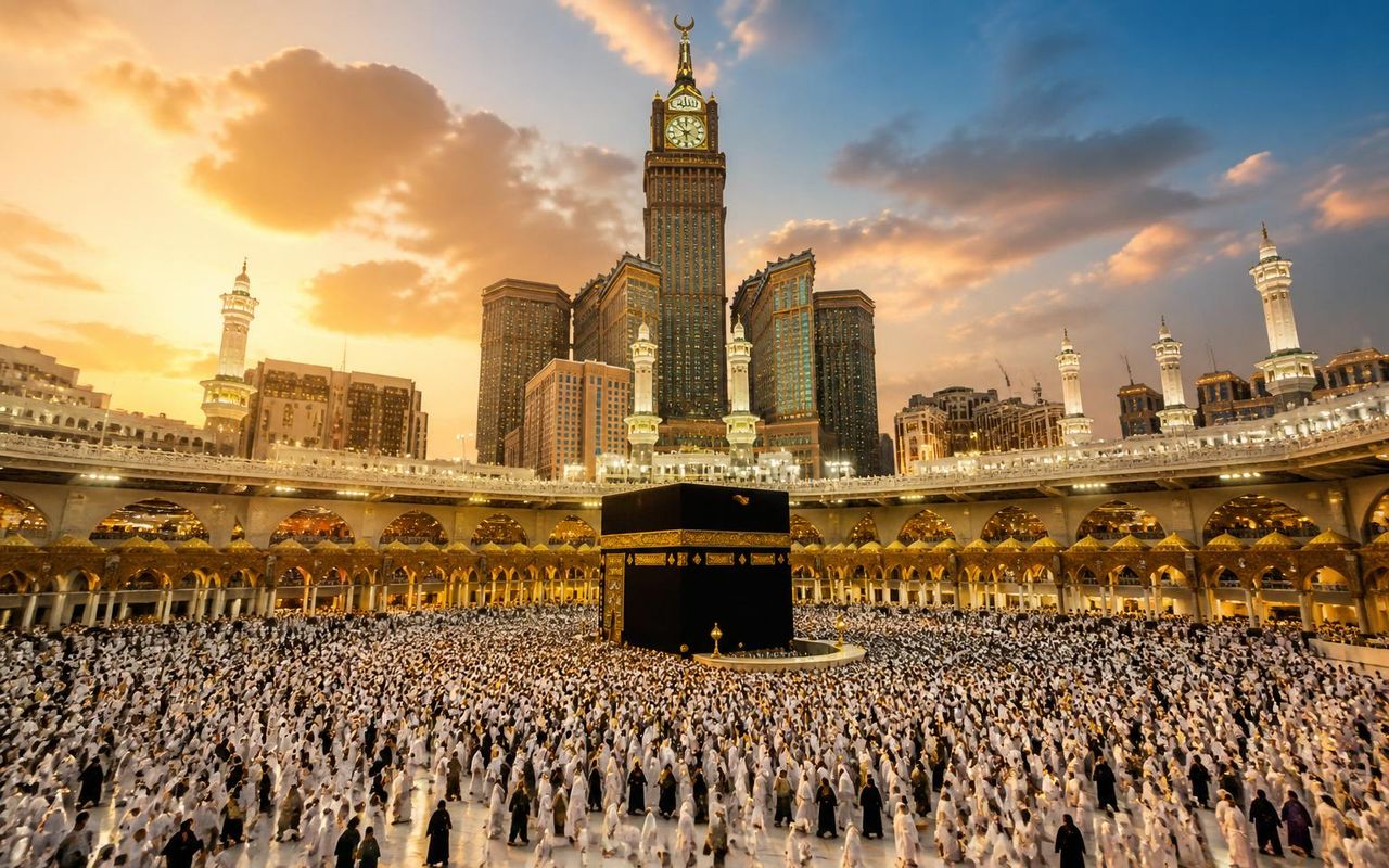 WaafiPay Umrah Payment Test — The Kaaba in Masjid Al Haram, Makkah, surrounded by pilgrims at golden hour